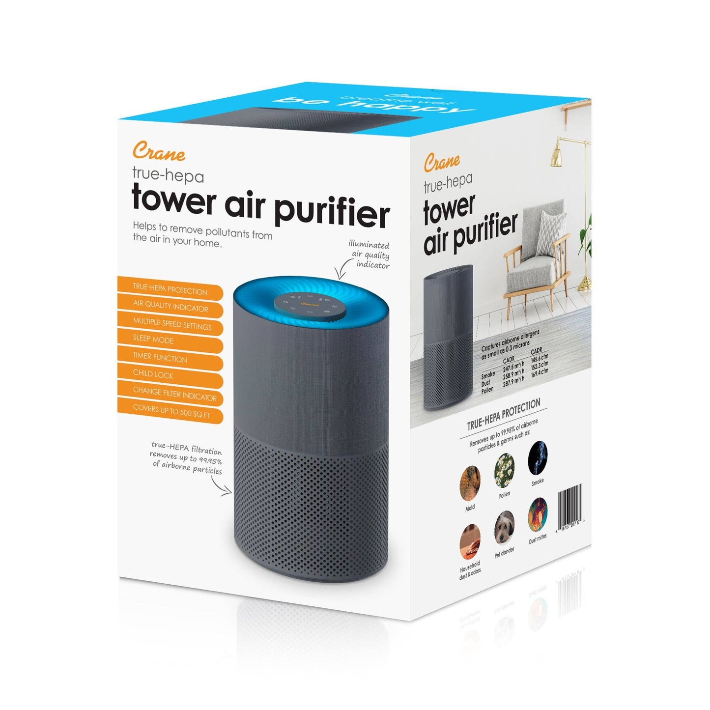 True-HEPA Tower Air Purifier, Quality Indicator, Child Lock