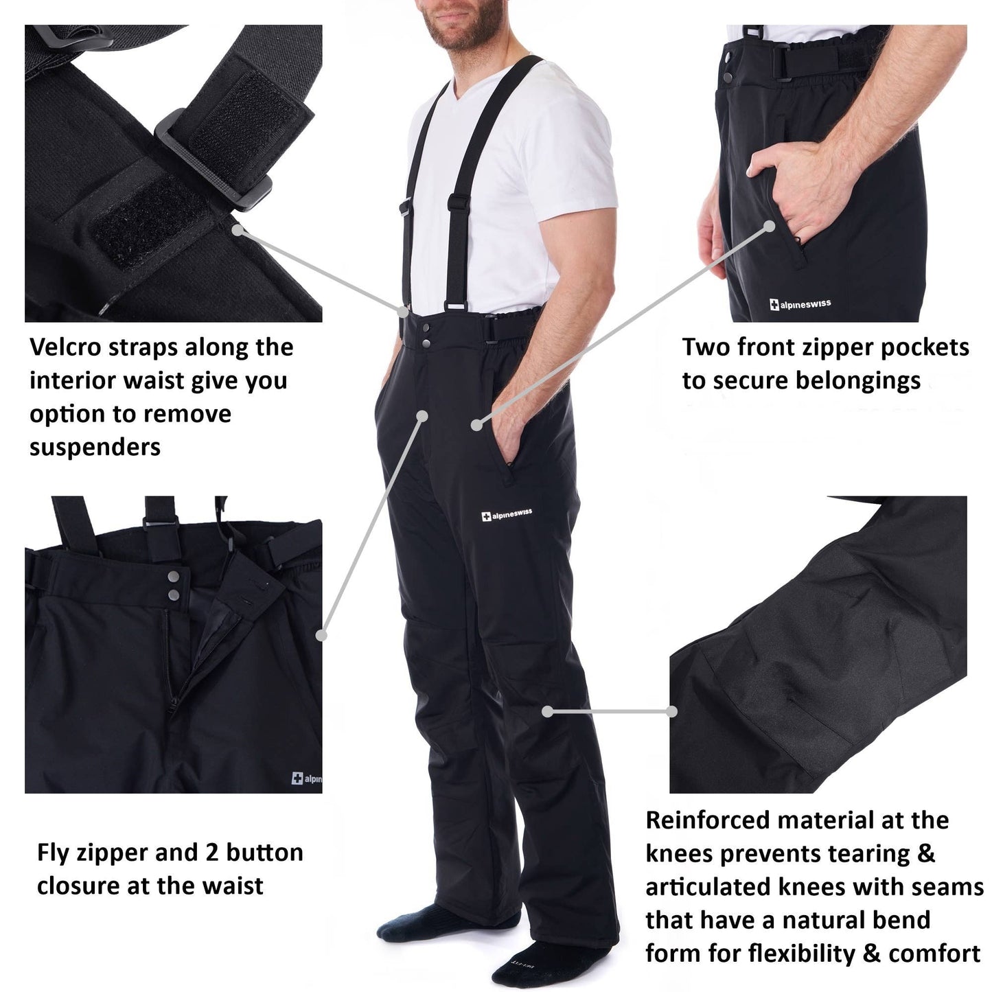 Mens Waterproof Snowboard Ski Snow Pants w/ Removeable Suspe