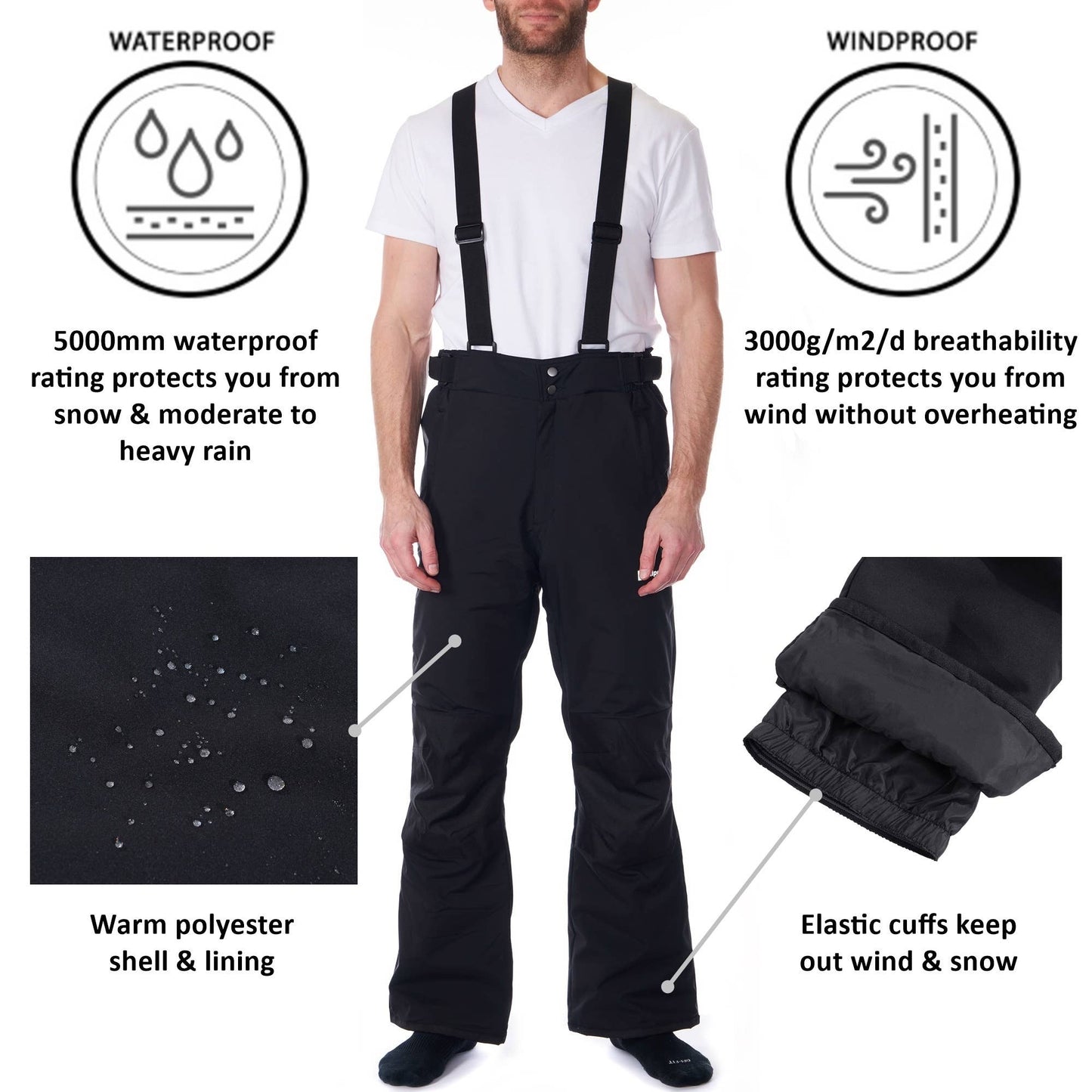 Mens Waterproof Snowboard Ski Snow Pants w/ Removeable Suspe