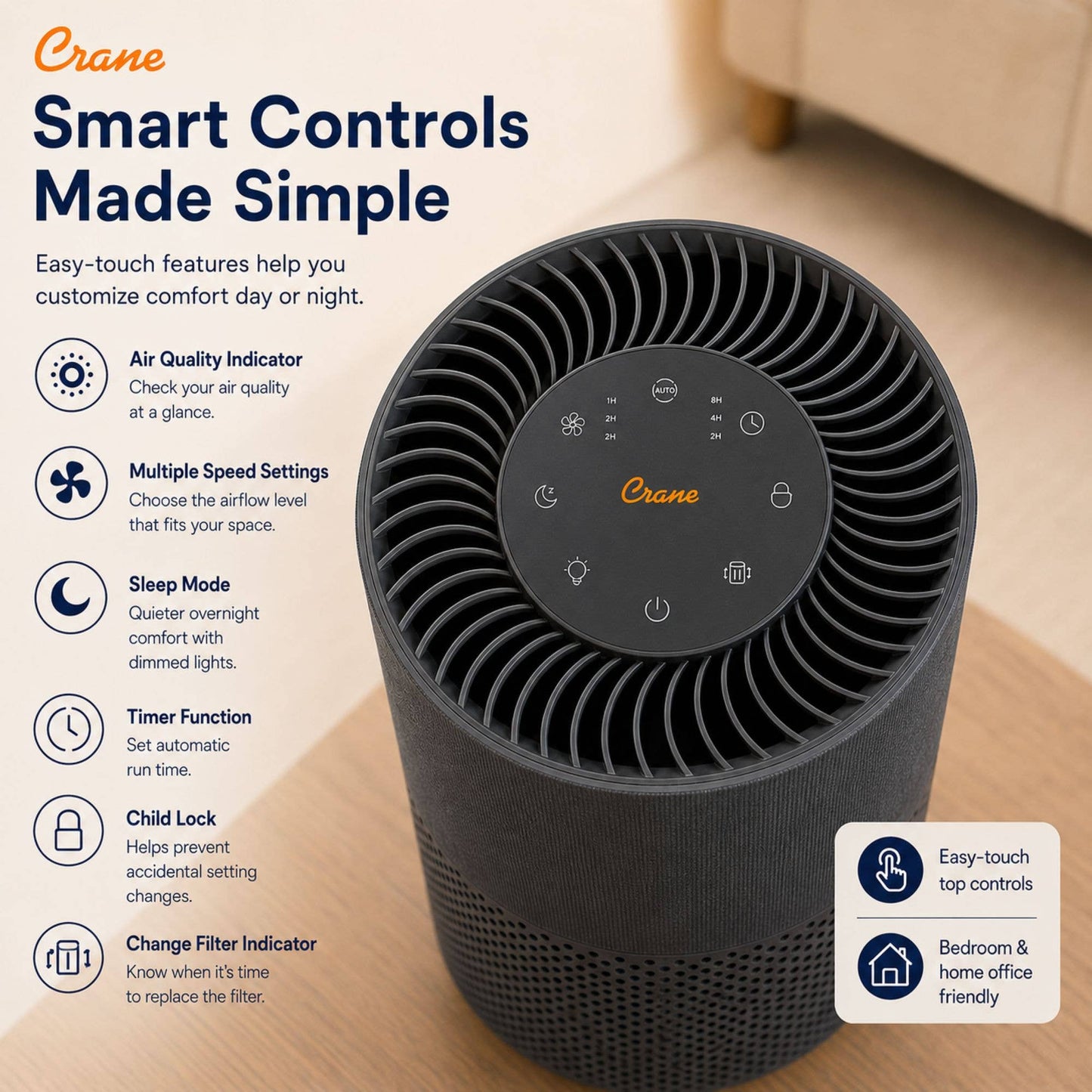 True-HEPA Tower Air Purifier, Quality Indicator, Child Lock
