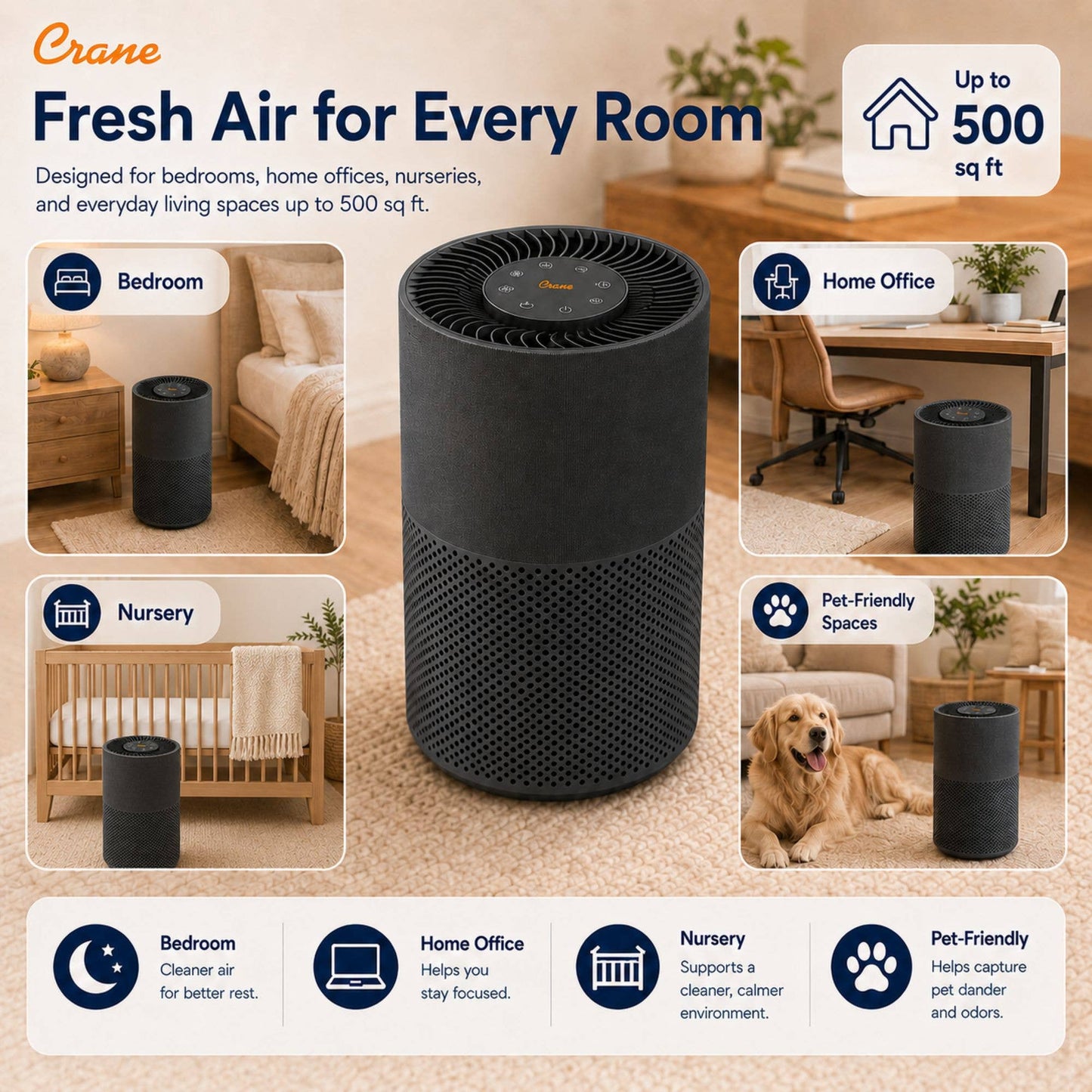 True-HEPA Tower Air Purifier, Quality Indicator, Child Lock
