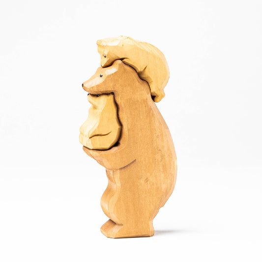 Wooden Brown Bear With Cubs