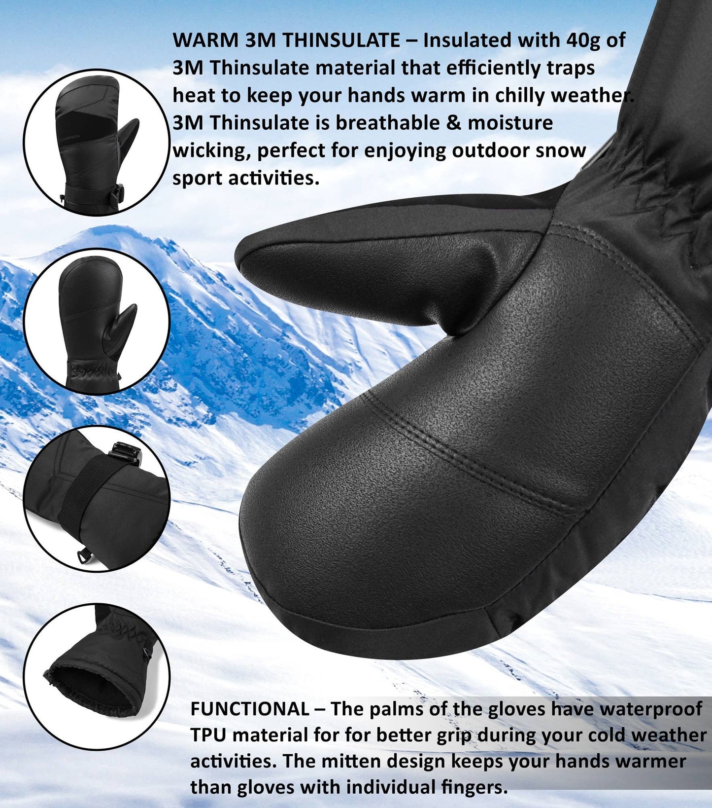 Alpine Swiss Mens Waterproof Gauntlet Ski Mittens