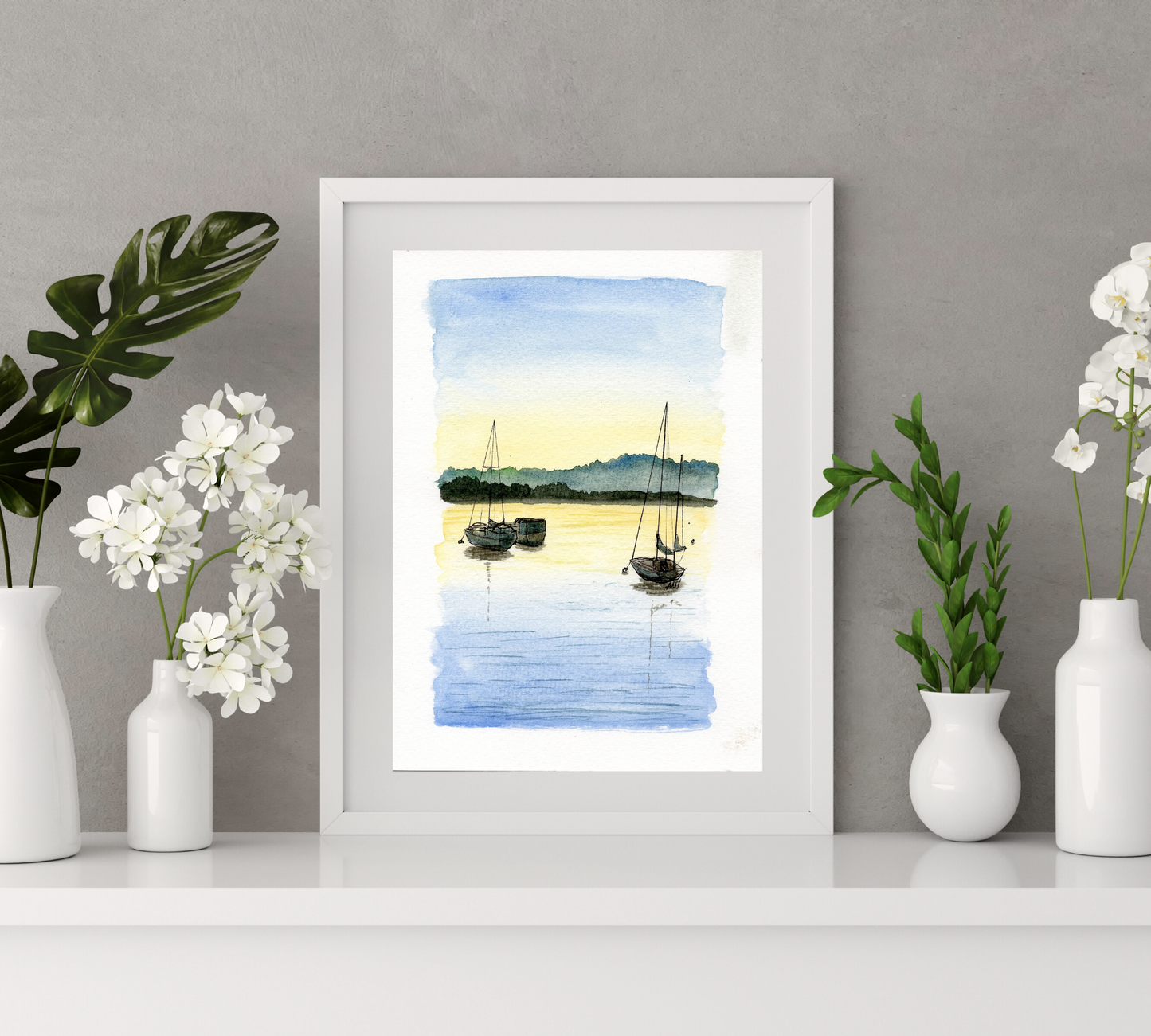 Grand Marais Sailboats Pen and Watercolor Art - Archival Quality Art Print